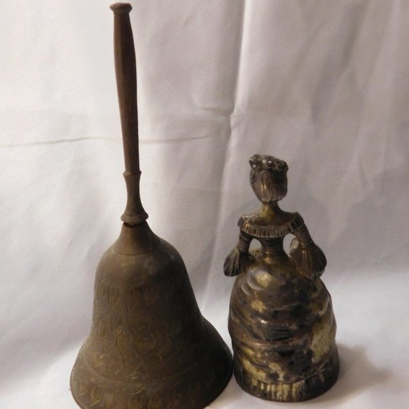 Vintage Brass Bells Victorian Lady and Long Handled Bell Lot of 2 Bells - Picture 2 of 9